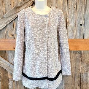LOGO BY LORI GOLDSTEIN BOUCLE COATIGAN W/FRINGE DETAIL GRAY medium M